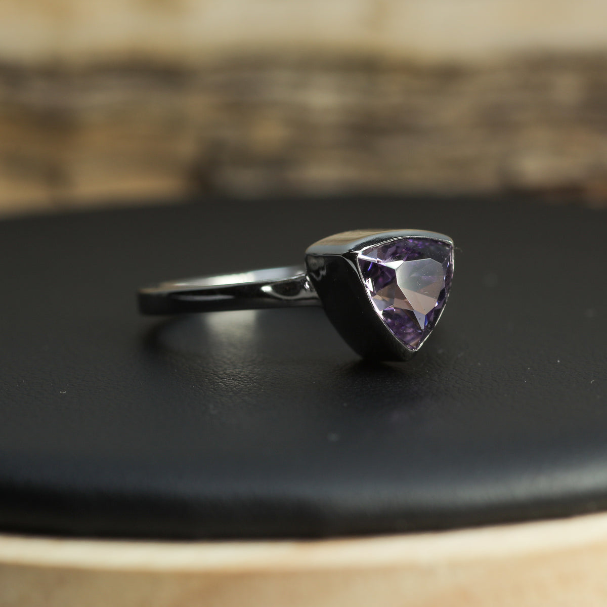 Studio-Cut Trillion Amethyst Bezel Ring | Dublin Hallmarked 925 Silver