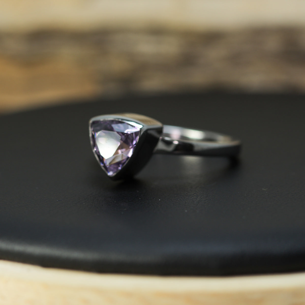 Studio-Cut Trillion Amethyst Bezel Ring | Dublin Hallmarked 925 Silver