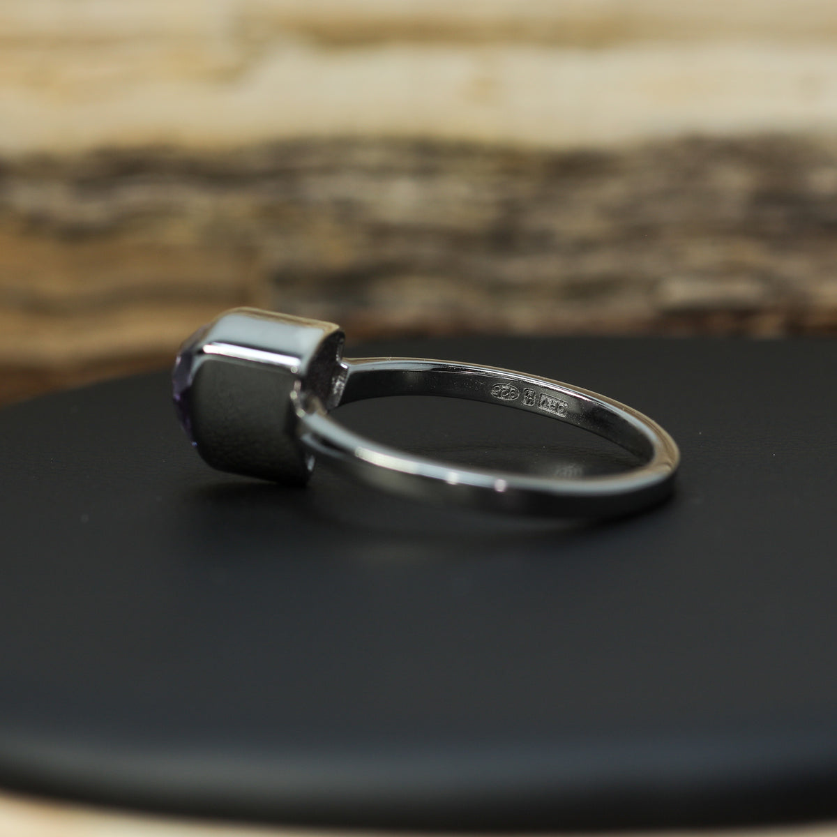 Studio-Cut Trillion Amethyst Bezel Ring | Dublin Hallmarked 925 Silver