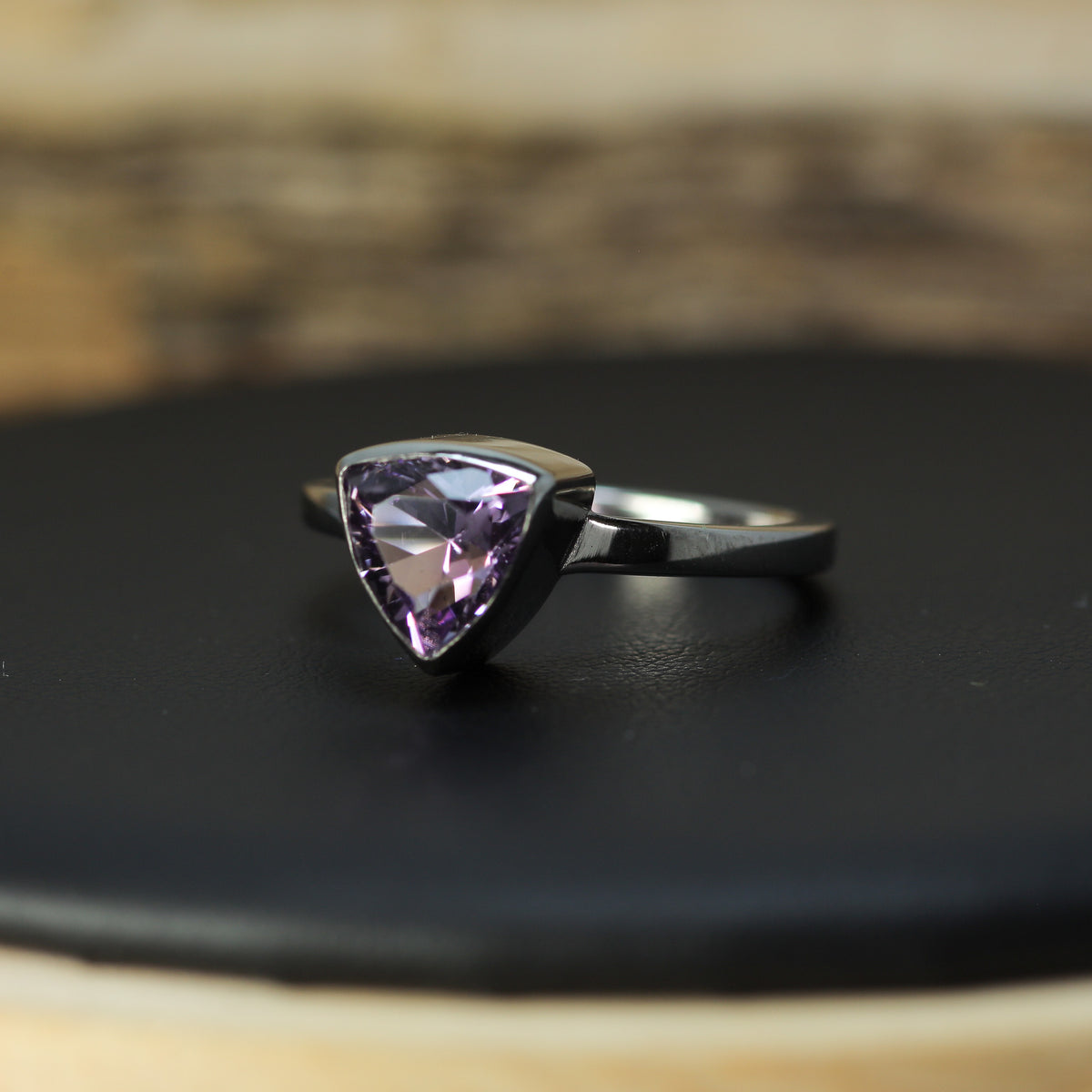 Studio-Cut Trillion Amethyst Bezel Ring | Dublin Hallmarked 925 Silver
