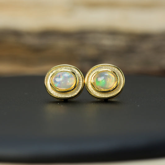 Halo Natural Ethiopian Opal Stud Earrings – Gold-Plated 925 Sterling Silver