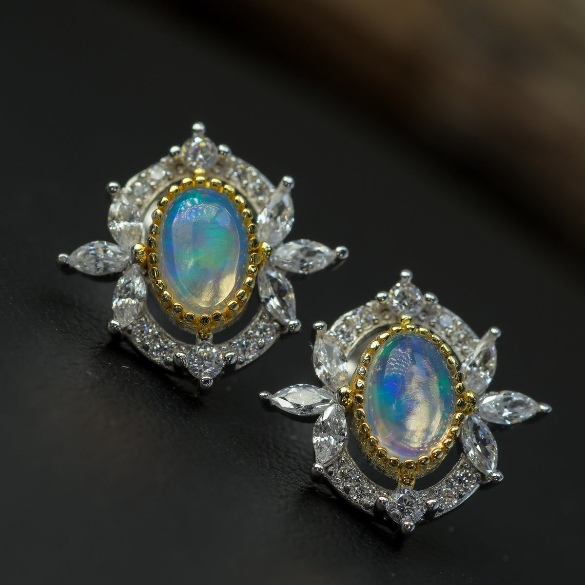 Celestial Ethiopian Opal Cluster Stud Earrings – 925 Sterling Silver with CZ Accents