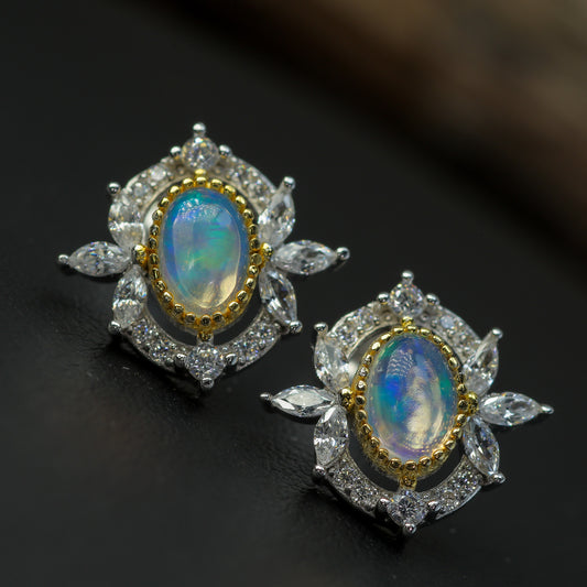 Celestial Ethiopian Opal Cluster Stud Earrings – 925 Sterling Silver with CZ Accents