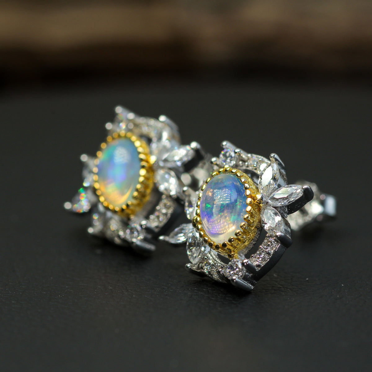 Celestial Ethiopian Opal Cluster Stud Earrings – 925 Sterling Silver with CZ Accents