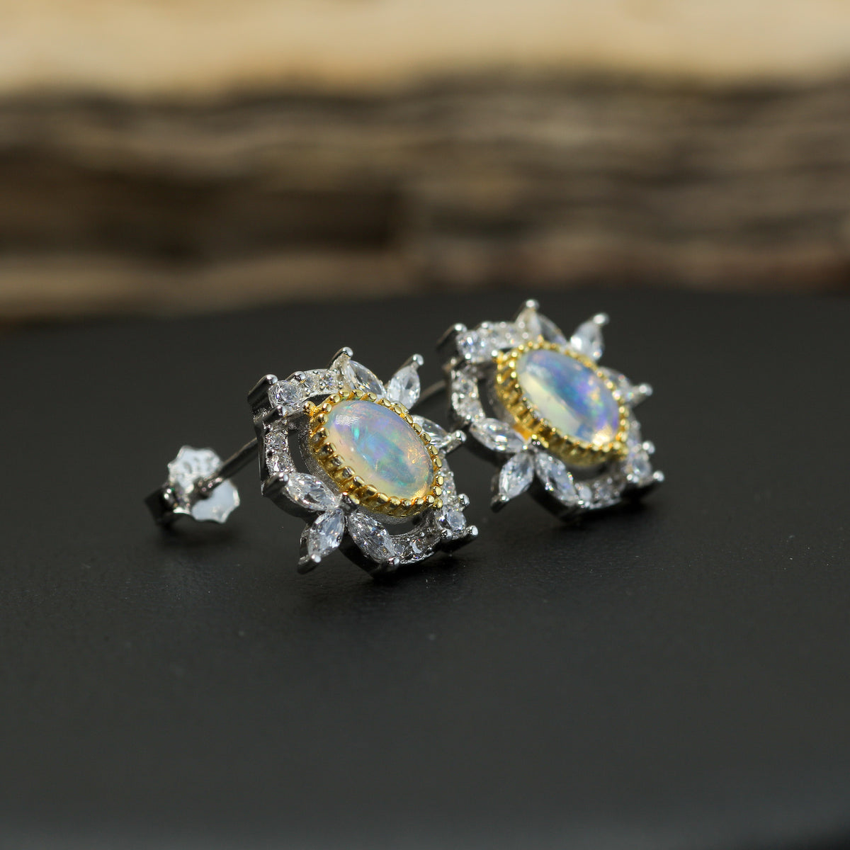 Celestial Ethiopian Opal Cluster Stud Earrings – 925 Sterling Silver with CZ Accents