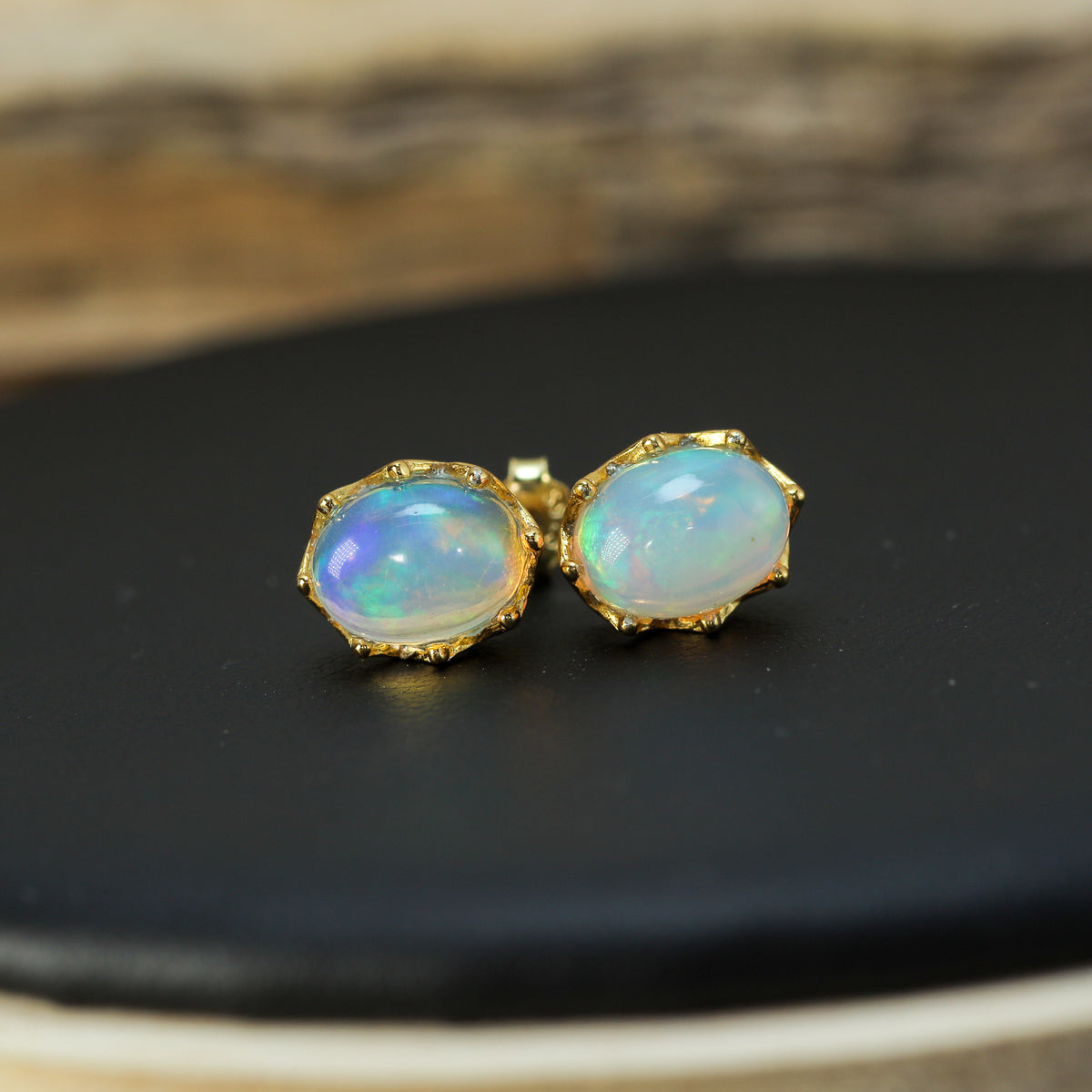 Crown-Set Natural Ethiopian Opal Stud Earrings – Gold-Plated 925 Sterling Silver
