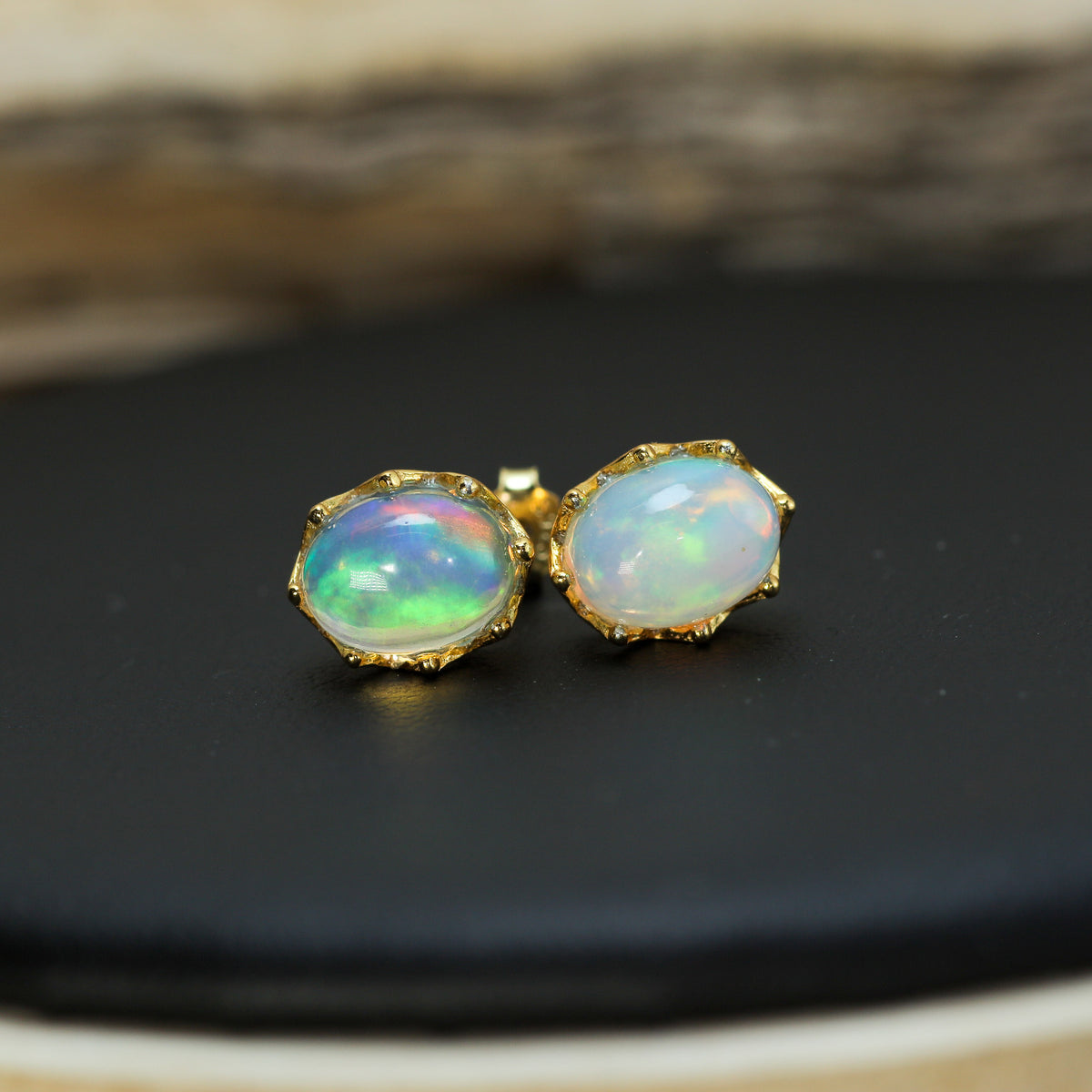 Crown-Set Natural Ethiopian Opal Stud Earrings – Gold-Plated 925 Sterling Silver
