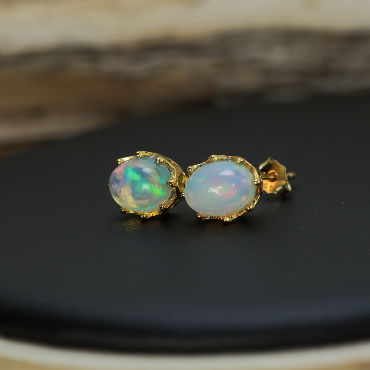 Crown-Set Natural Ethiopian Opal Stud Earrings – Gold-Plated 925 Sterling Silver