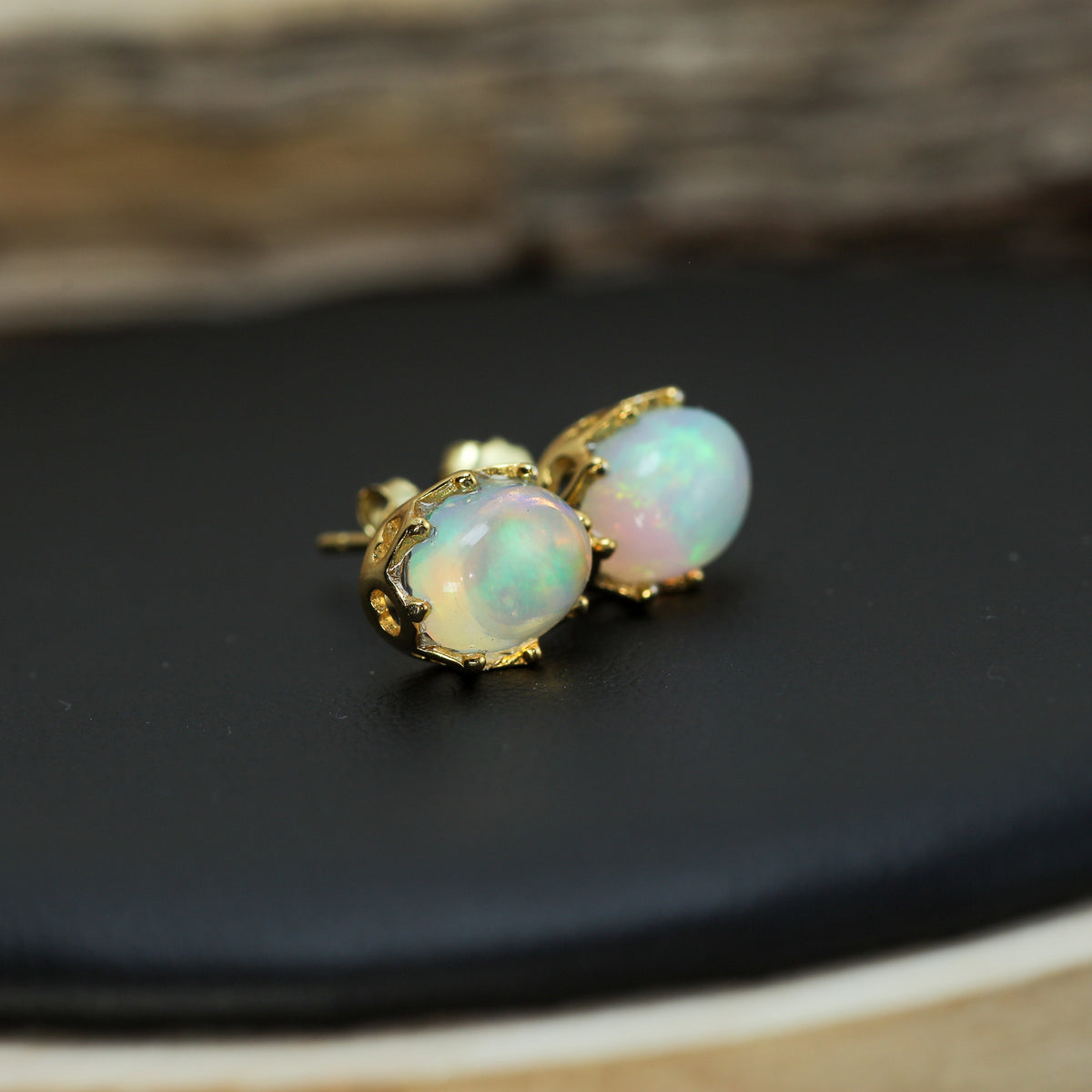 Crown-Set Natural Ethiopian Opal Stud Earrings – Gold-Plated 925 Sterling Silver