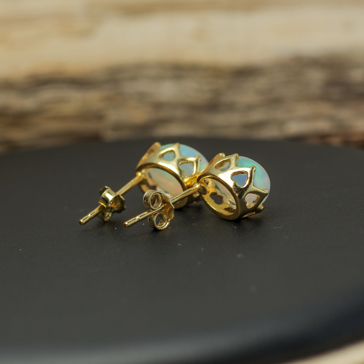 Crown-Set Natural Ethiopian Opal Stud Earrings – Gold-Plated 925 Sterling Silver