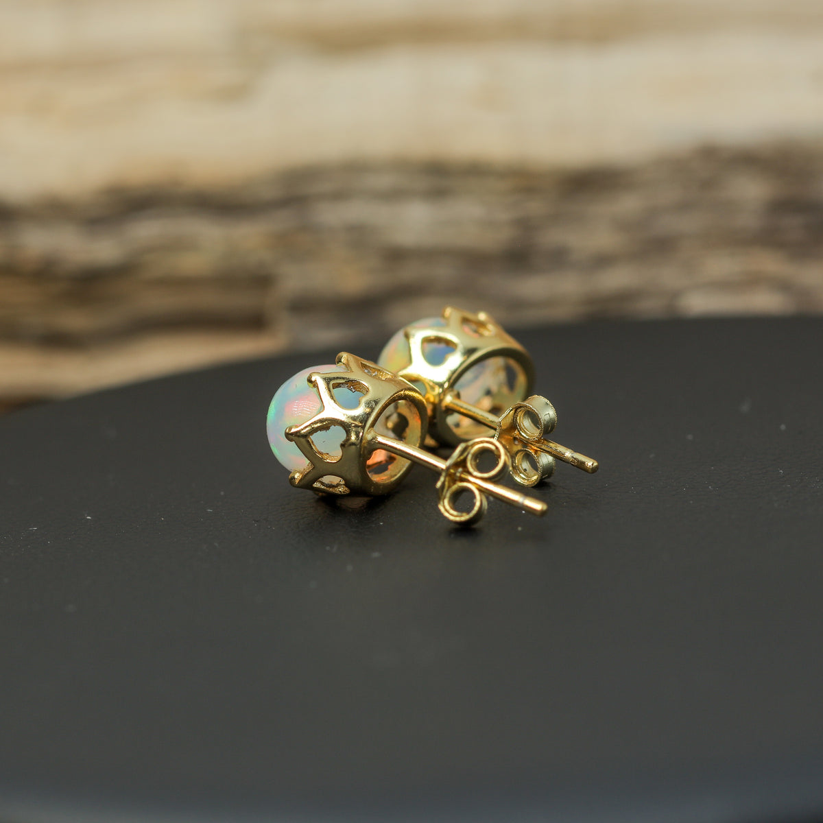 Crown-Set Natural Ethiopian Opal Stud Earrings – Gold-Plated 925 Sterling Silver
