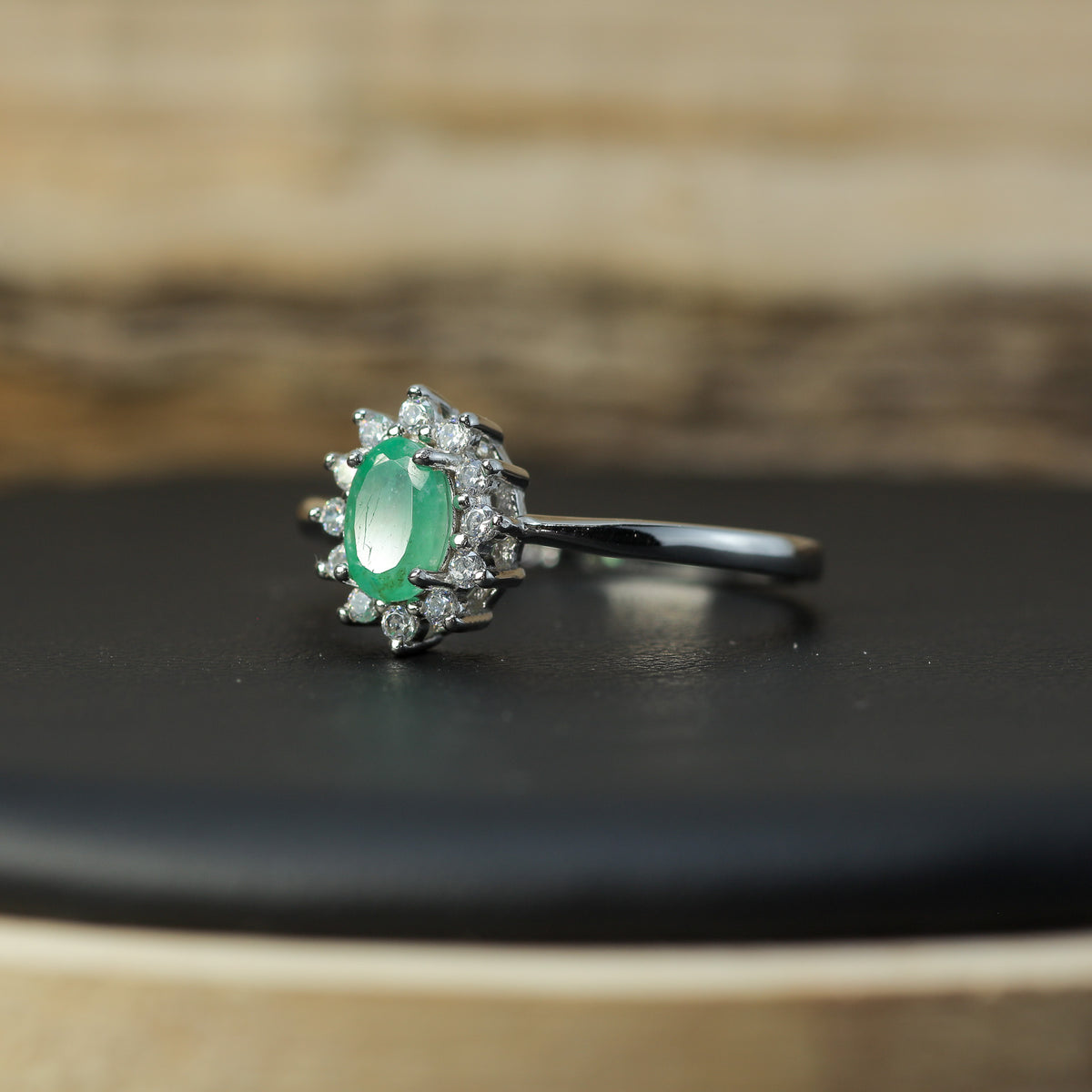 Natural Emerald & Cubic Zirconia Halo Ring – 925 Sterling Silver