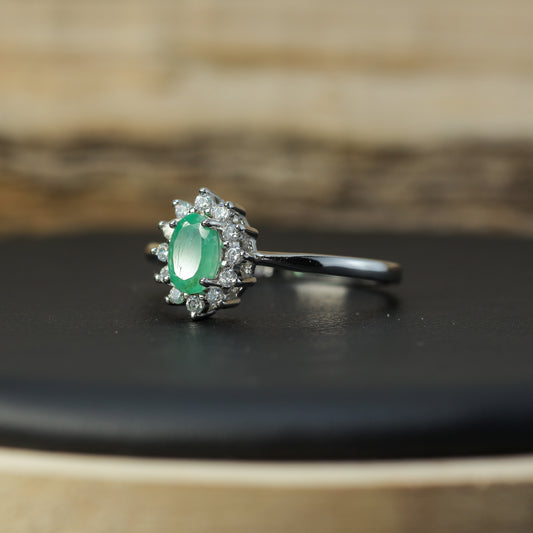 Natural Emerald & Cubic Zirconia Halo Ring – 925 Sterling Silver