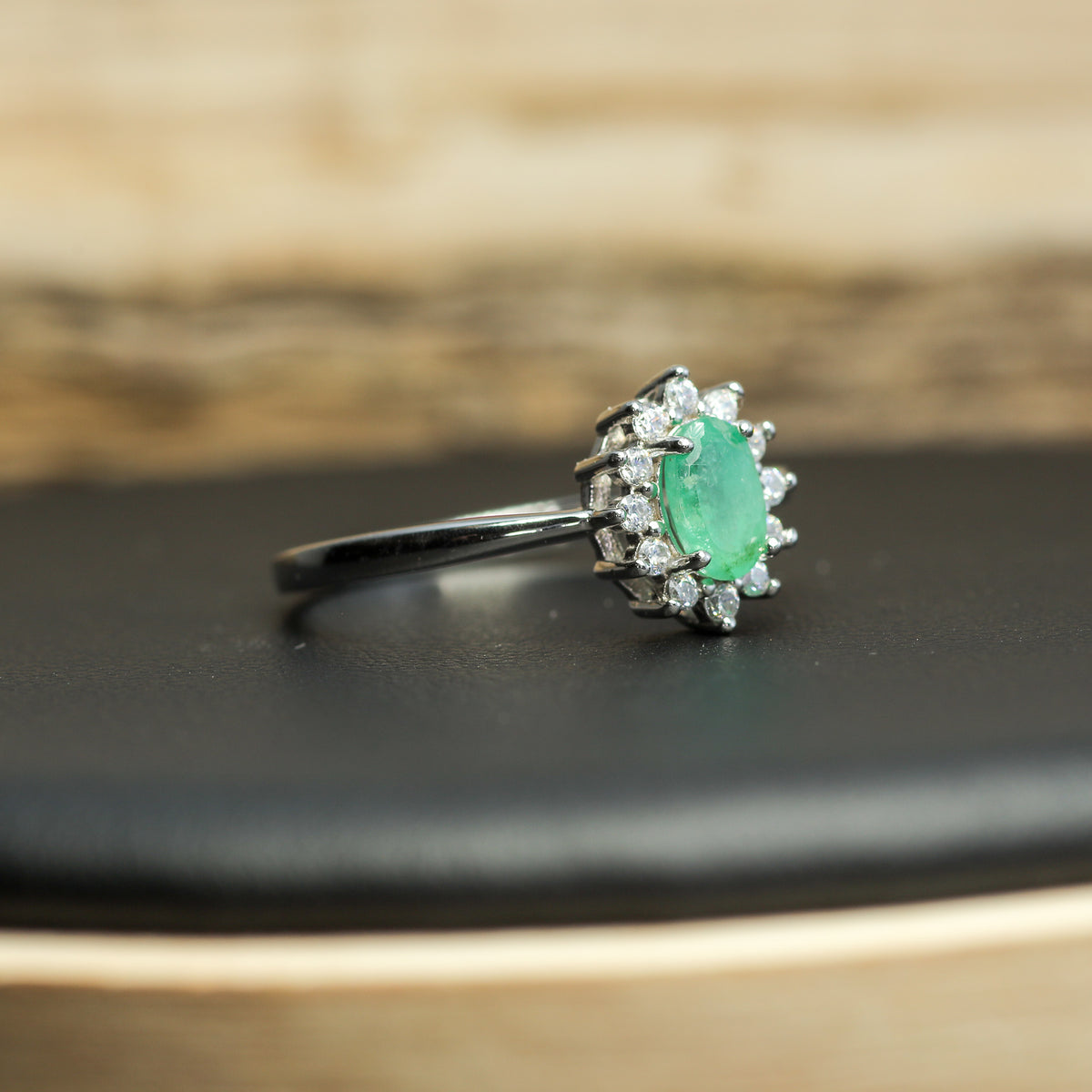 Natural Emerald & Cubic Zirconia Halo Ring – 925 Sterling Silver