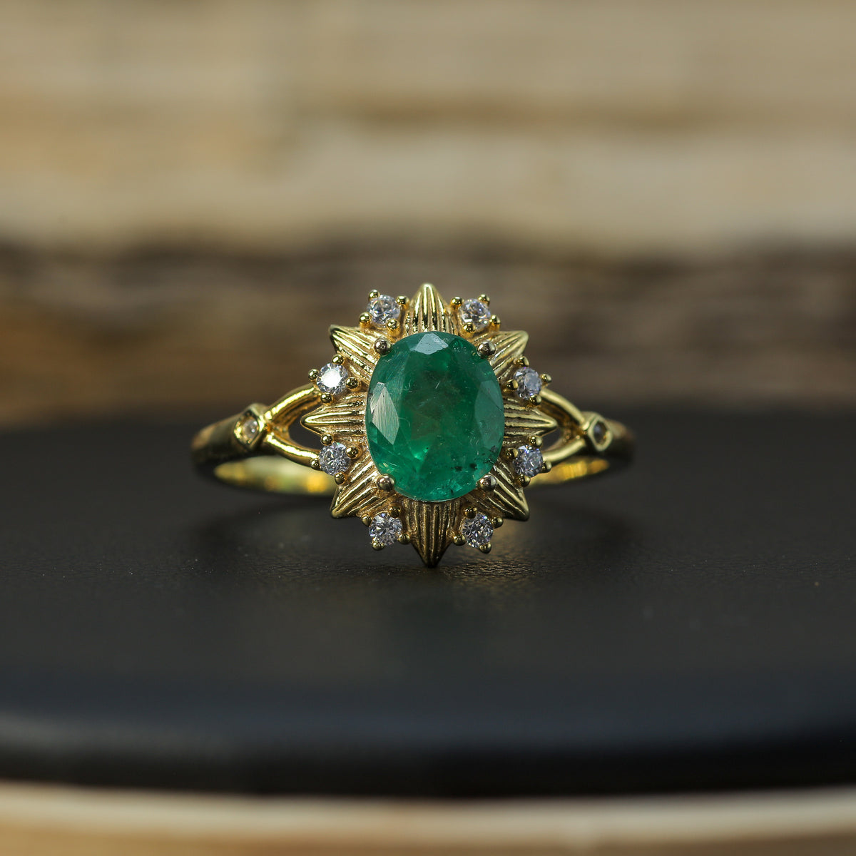 Natural Emerald & Cubic Zirconia Sunburst Halo Ring – Gold-Plated 925 Silver