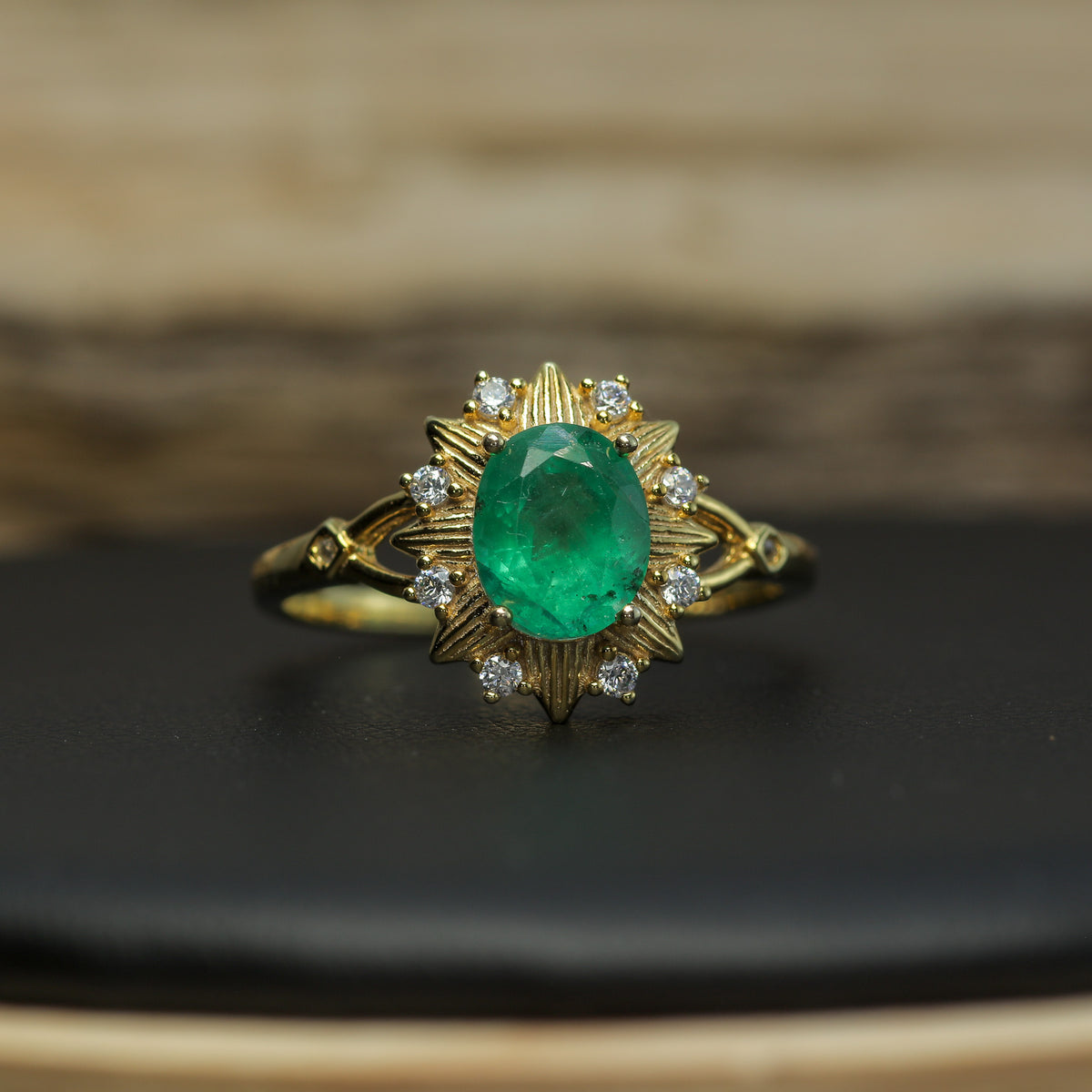 Natural Emerald & Cubic Zirconia Sunburst Halo Ring – Gold-Plated 925 Silver