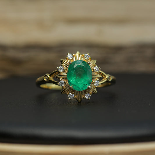 Natural Emerald & Cubic Zirconia Sunburst Halo Ring – Gold-Plated 925 Silver