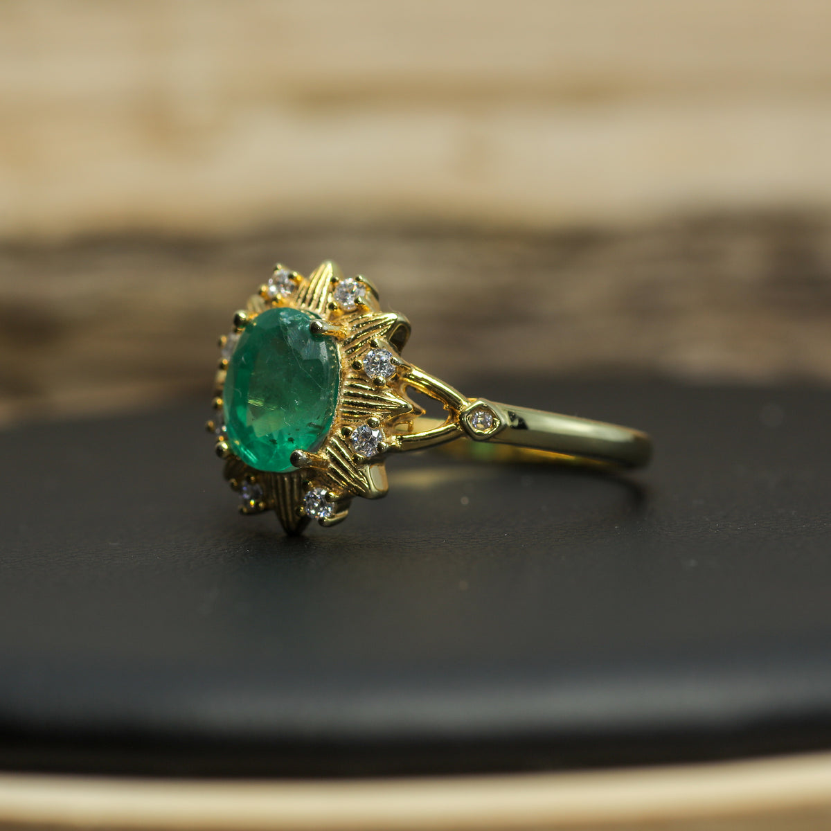 Natural Emerald & Cubic Zirconia Sunburst Halo Ring – Gold-Plated 925 Silver