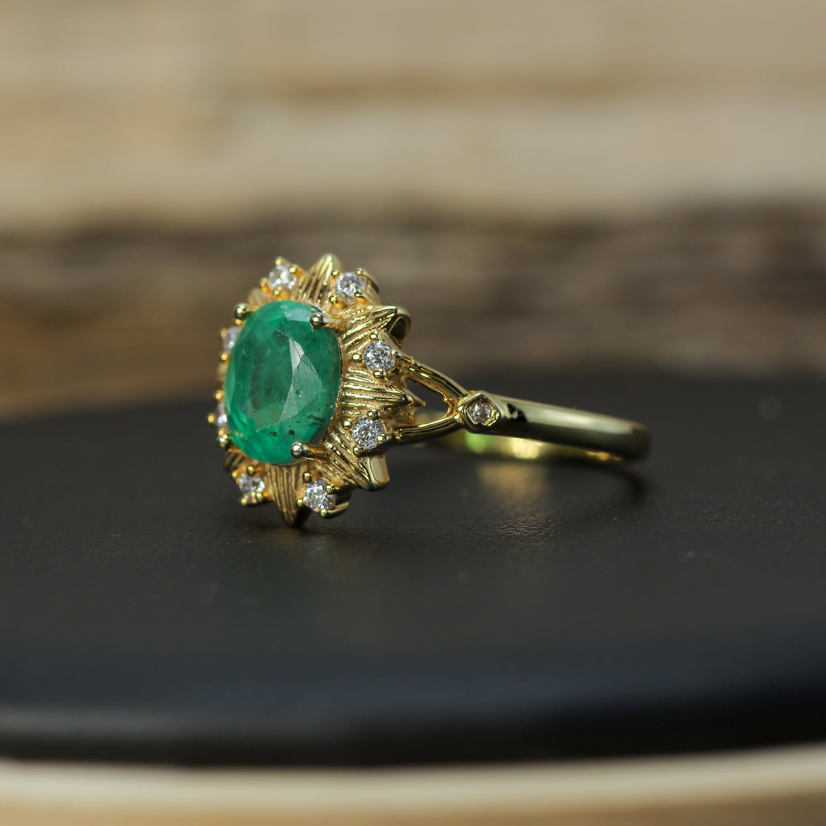 Natural Emerald & Cubic Zirconia Sunburst Halo Ring – Gold-Plated 925 Silver