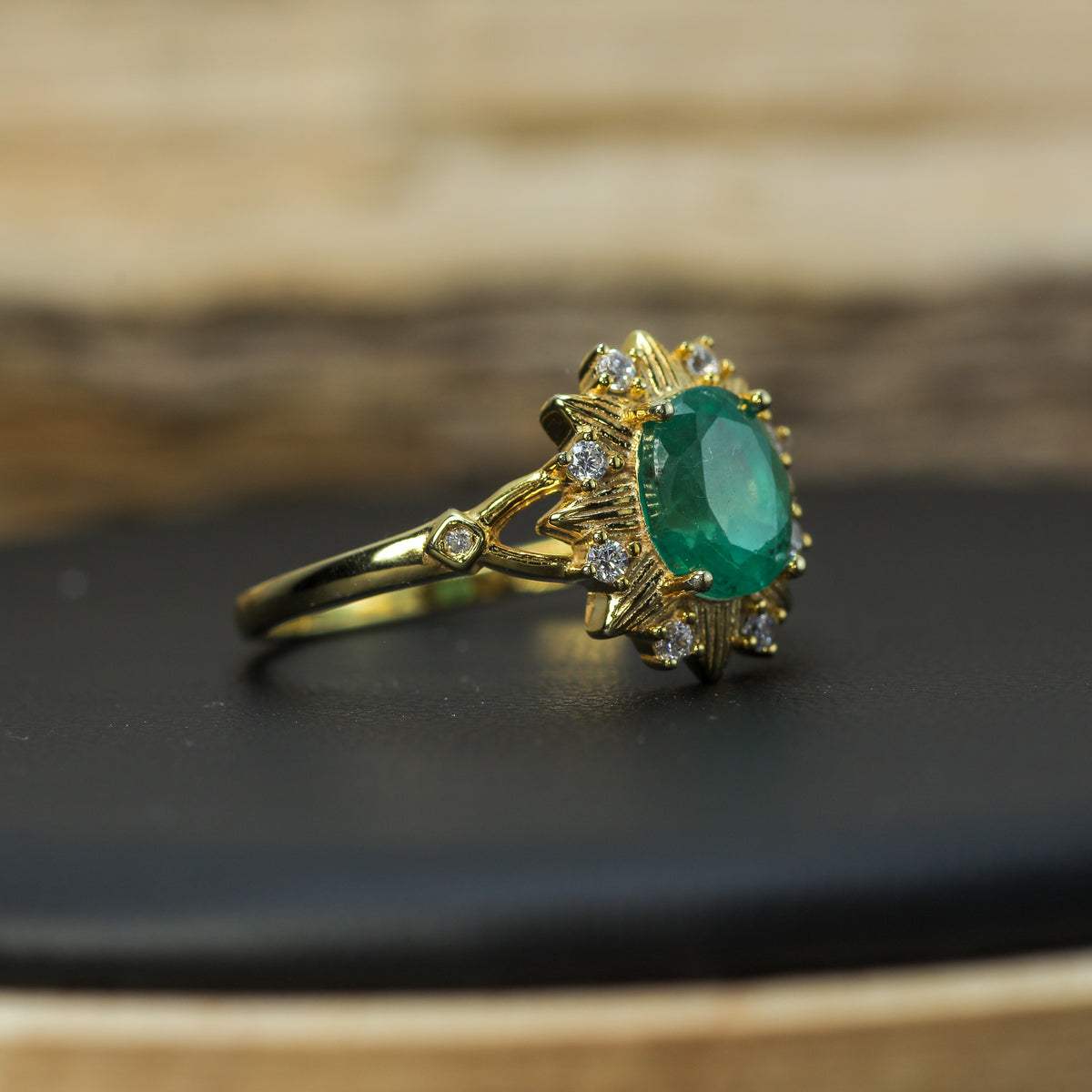 Natural Emerald & Cubic Zirconia Sunburst Halo Ring – Gold-Plated 925 Silver