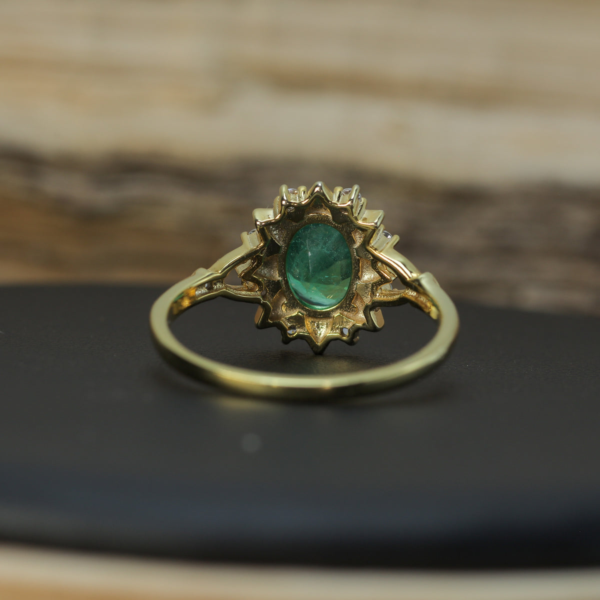 Natural Emerald & Cubic Zirconia Sunburst Halo Ring – Gold-Plated 925 Silver