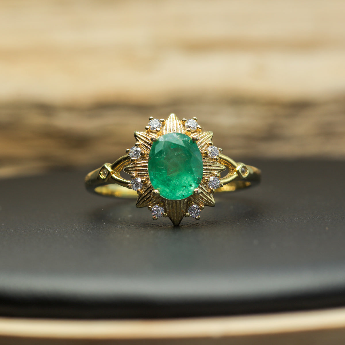 Natural Emerald & Cubic Zirconia Sunburst Halo Ring – Gold-Plated 925 Silver