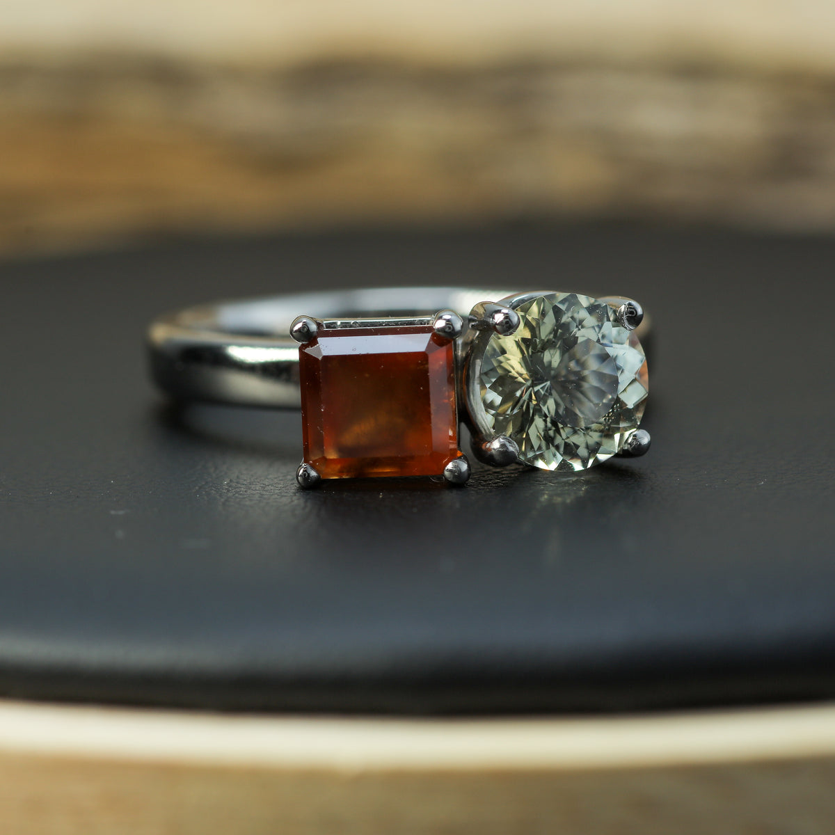 Studio-Cut Heliodor & Hessonite Garnet "Toi et Moi" Ring in Rhodium-Plated 925 Silver