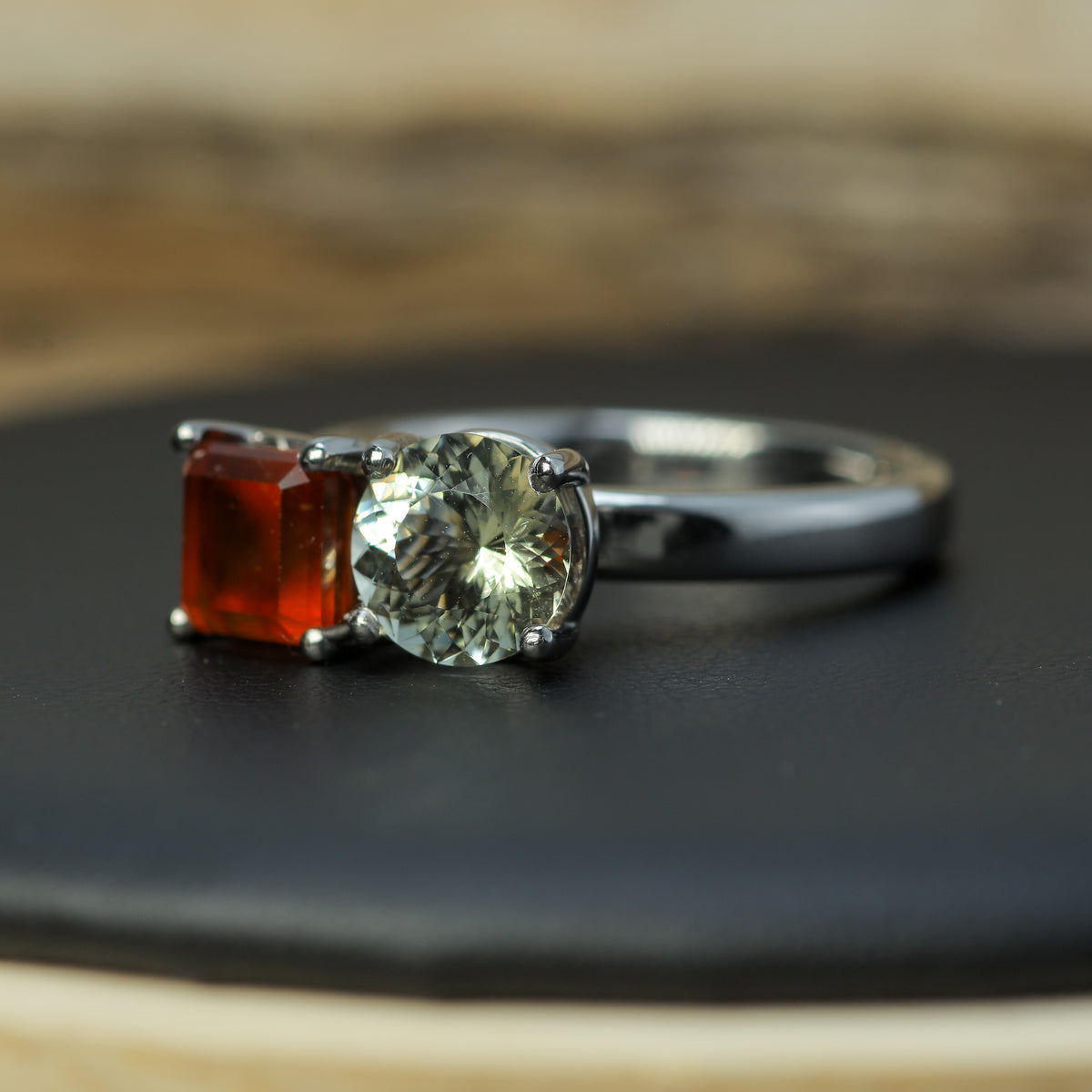 Studio-Cut Heliodor & Hessonite Garnet "Toi et Moi" Ring in Rhodium-Plated 925 Silver
