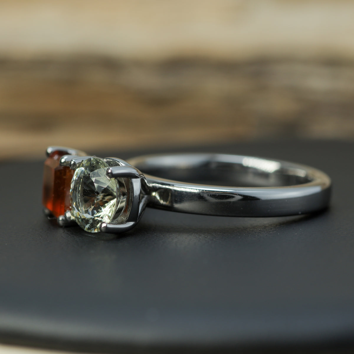 Studio-Cut Heliodor & Hessonite Garnet "Toi et Moi" Ring in Rhodium-Plated 925 Silver
