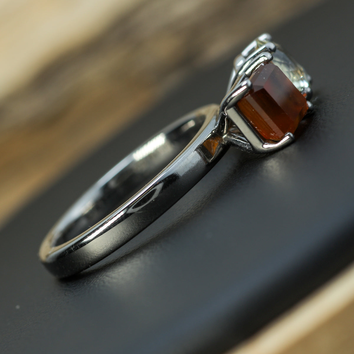 Studio-Cut Heliodor & Hessonite Garnet "Toi et Moi" Ring in Rhodium-Plated 925 Silver