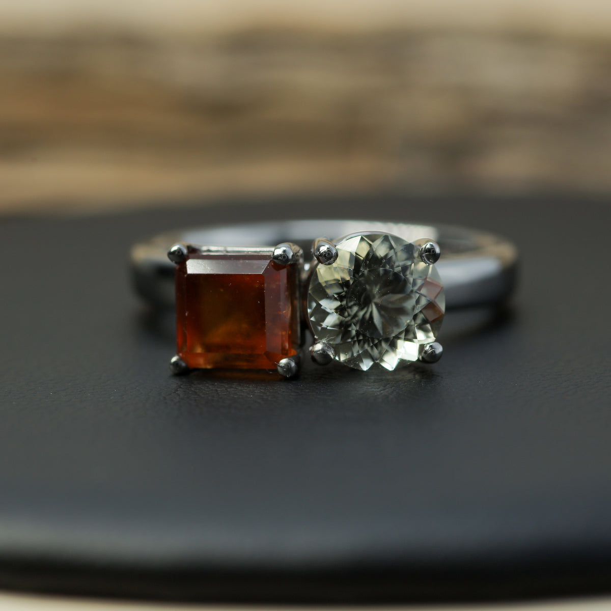 Studio-Cut Heliodor & Hessonite Garnet "Toi et Moi" Ring in Rhodium-Plated 925 Silver
