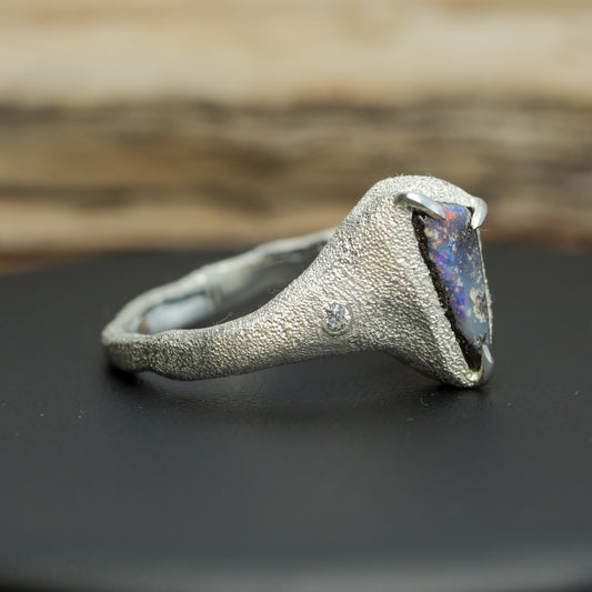 Micro-Textured Australian Boulder Opal & Lab Diamond Ring in 925 Silver