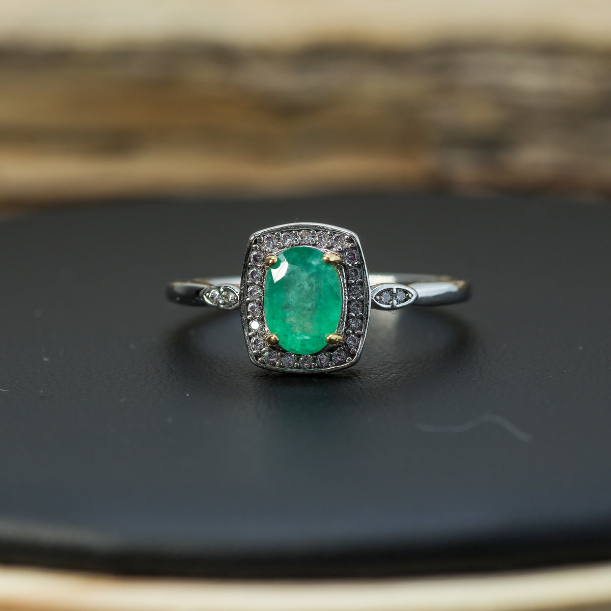 Natural Oval Emerald Halo Ring in 925 Sterling Silver