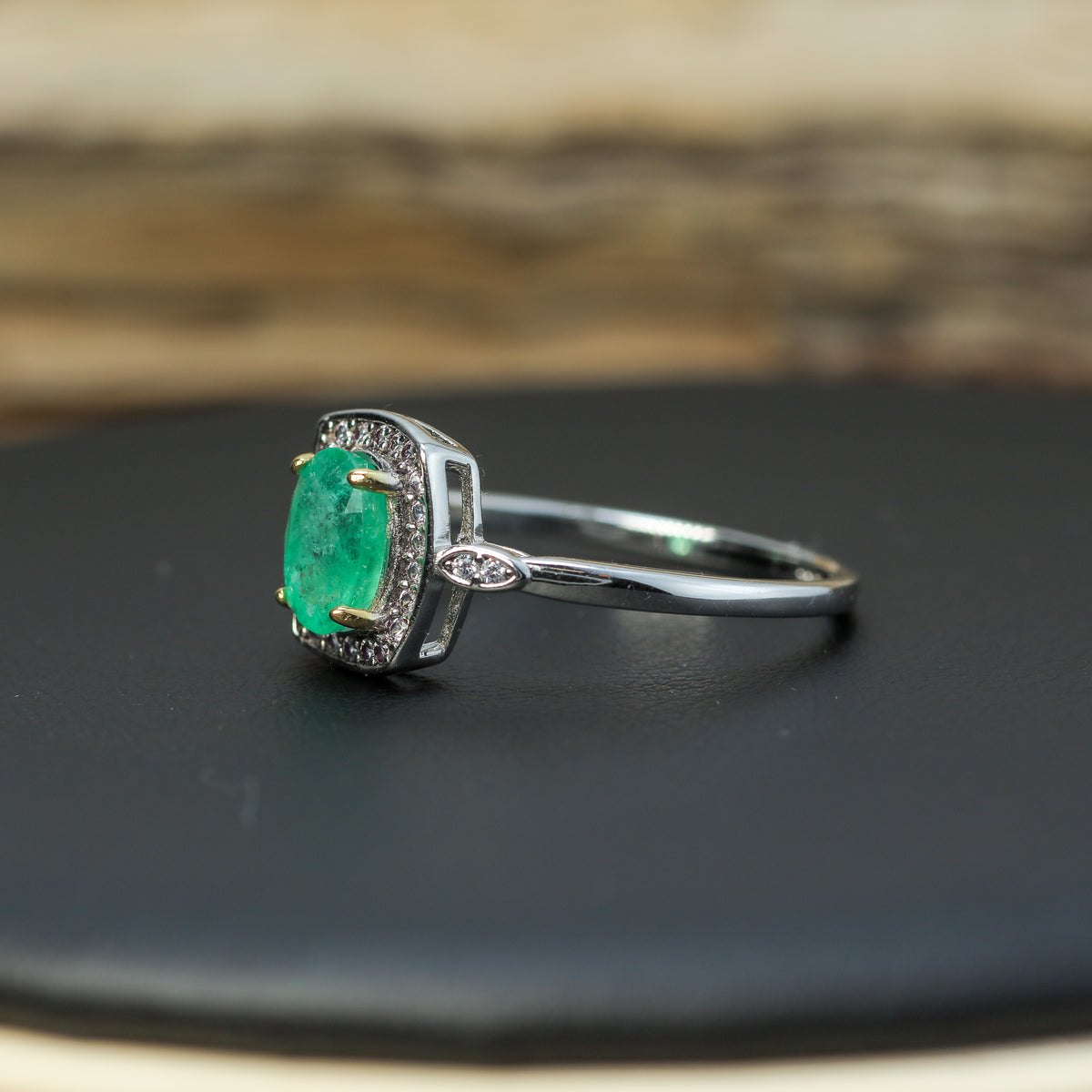 Natural Oval Emerald Halo Ring in 925 Sterling Silver