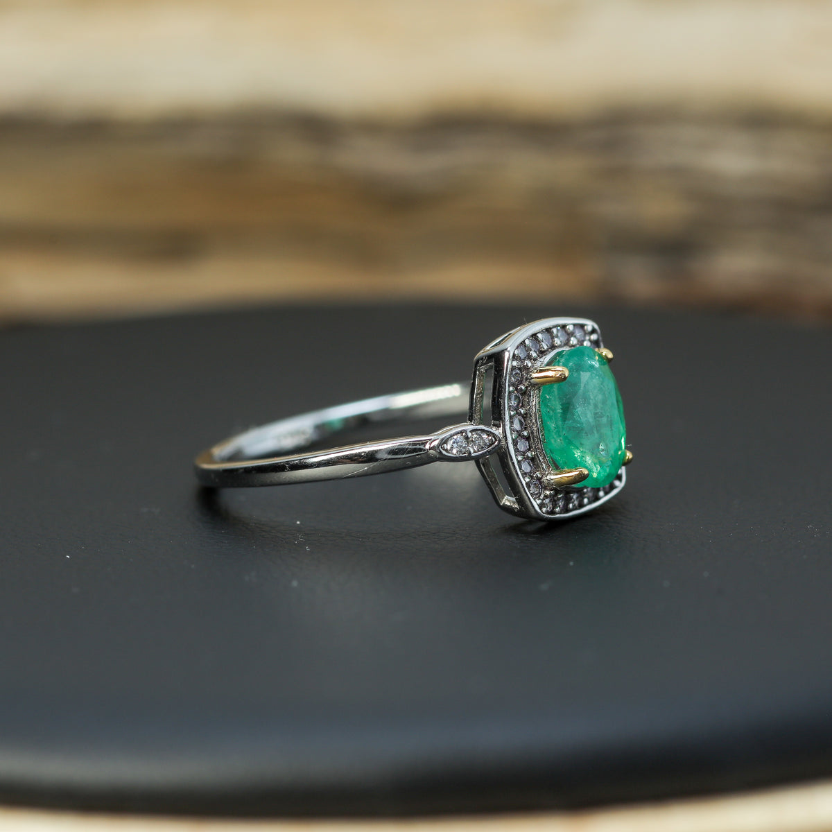 Natural Oval Emerald Halo Ring in 925 Sterling Silver