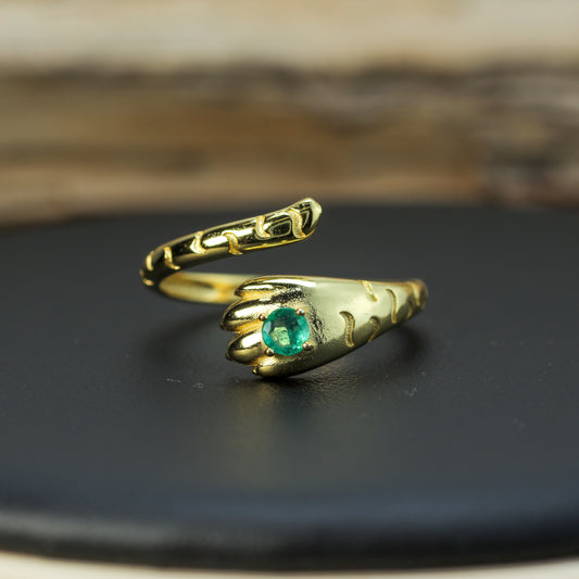 Adjustable Natural Emerald Paw Bypass Ring in Gold Vermeil (925 Silver)
