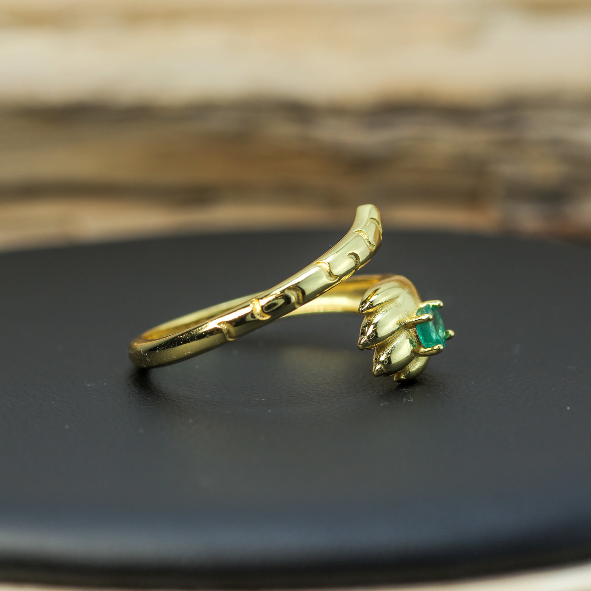 Adjustable Natural Emerald Paw Bypass Ring in Gold Vermeil (925 Silver)
