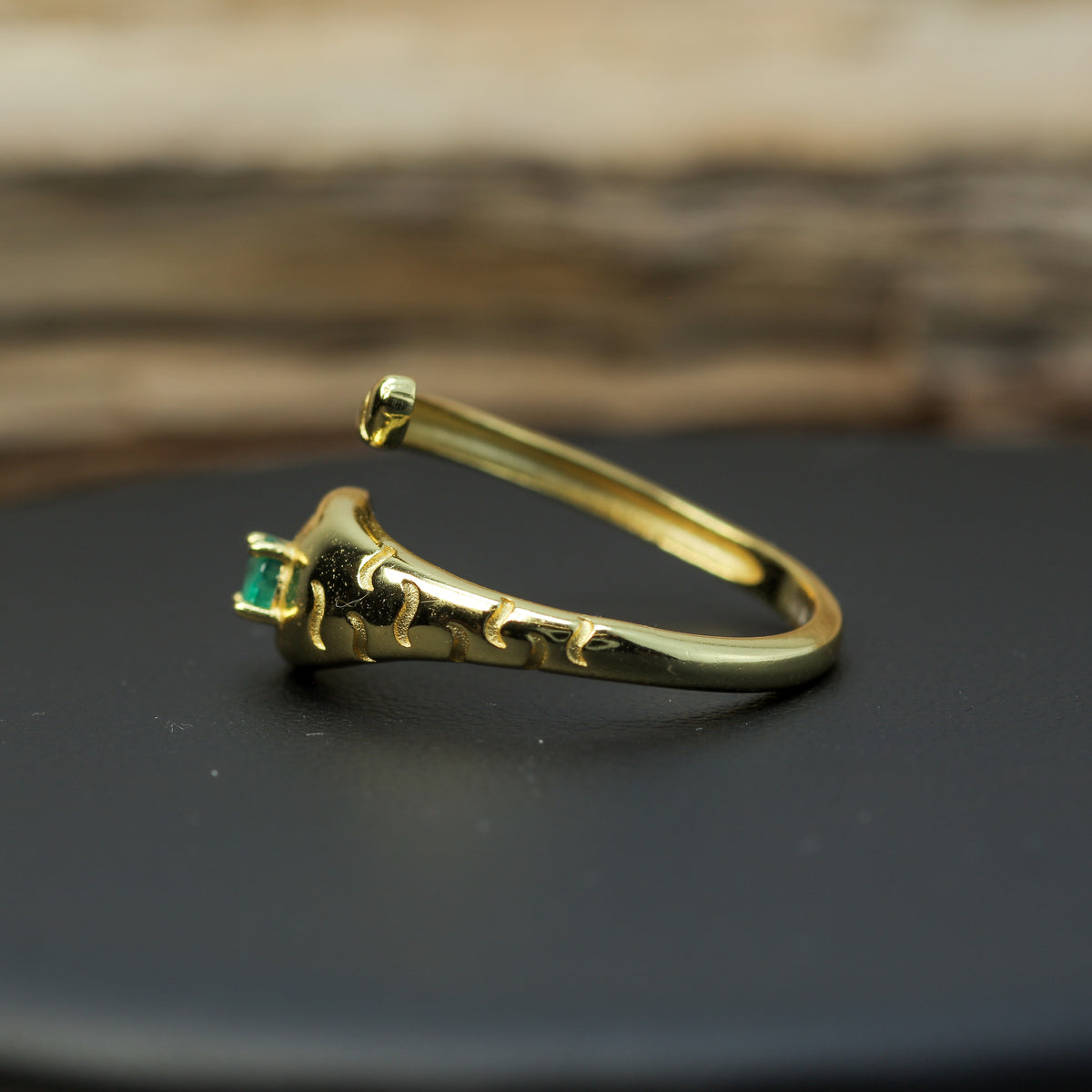 Adjustable Natural Emerald Paw Bypass Ring in Gold Vermeil (925 Silver)