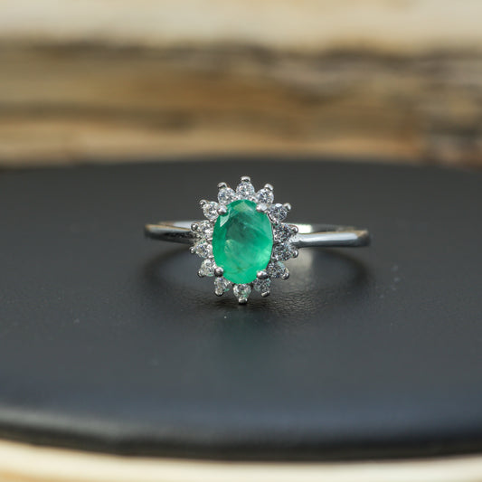 Natural Oval Emerald Cluster Halo Ring in 925 Sterling Silver