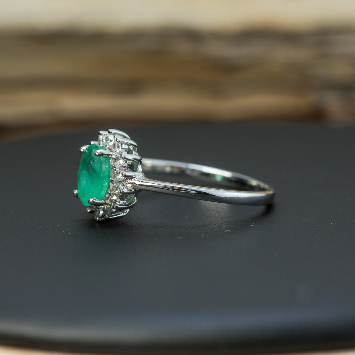 Natural Oval Emerald Cluster Halo Ring in 925 Sterling Silver