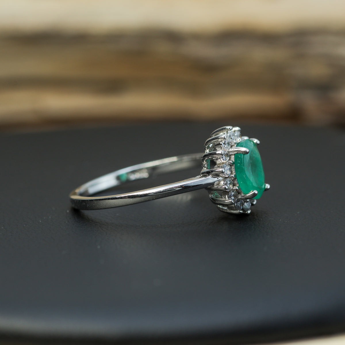 Natural Oval Emerald Cluster Halo Ring in 925 Sterling Silver