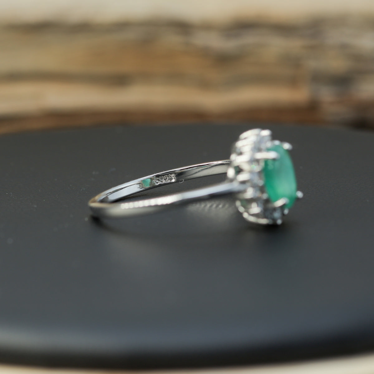 Natural Oval Emerald Cluster Halo Ring in 925 Sterling Silver