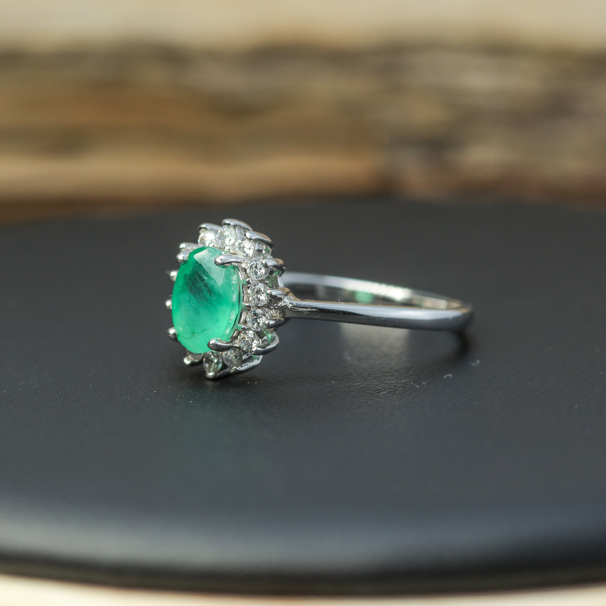 Natural Oval Emerald Cluster Halo Ring in 925 Sterling Silver