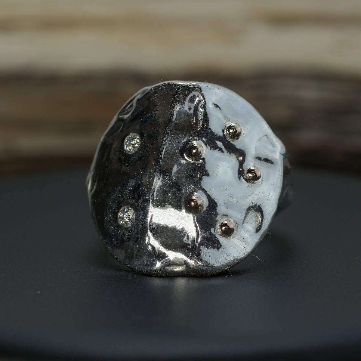 "Celestial Shield" 21g Silver Signet with Gold Accents & Flush Lab Diamonds