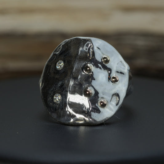 "Celestial Shield" 21g Silver Signet with Gold Accents & Flush Lab Diamonds