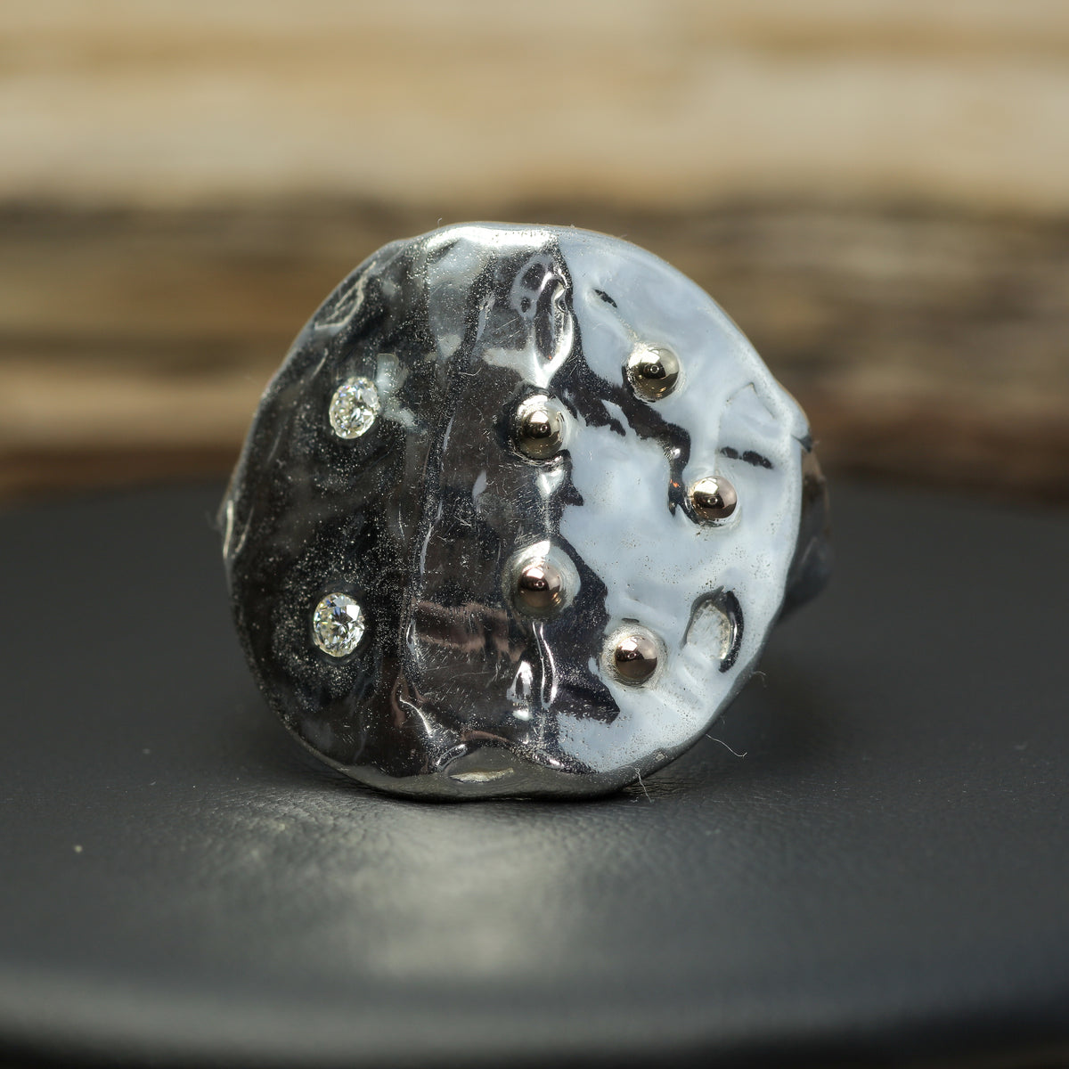 "Celestial Shield" 21g Silver Signet with Gold Accents & Flush Lab Diamonds