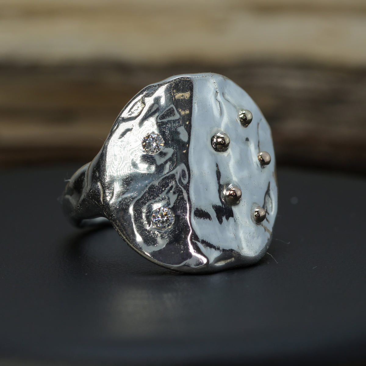 "Celestial Shield" 21g Silver Signet with Gold Accents & Flush Lab Diamonds