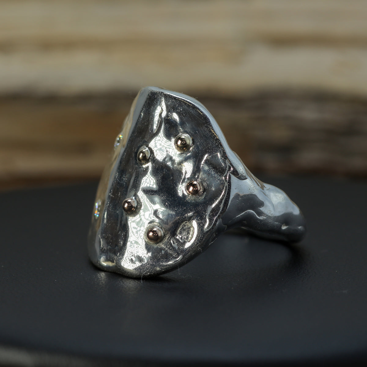 "Celestial Shield" 21g Silver Signet with Gold Accents & Flush Lab Diamonds