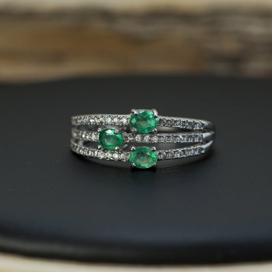 Three-Row Natural Emerald & CZ Band in 925 Sterling Silver