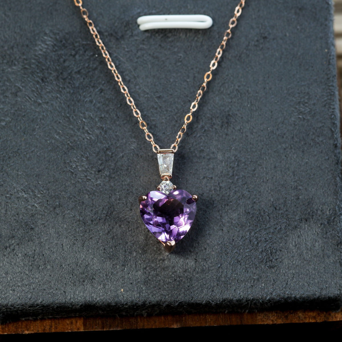 Heart-Cut Natural Amethyst Pendant Necklace in Rose Gold Vermeil (925 Silver)